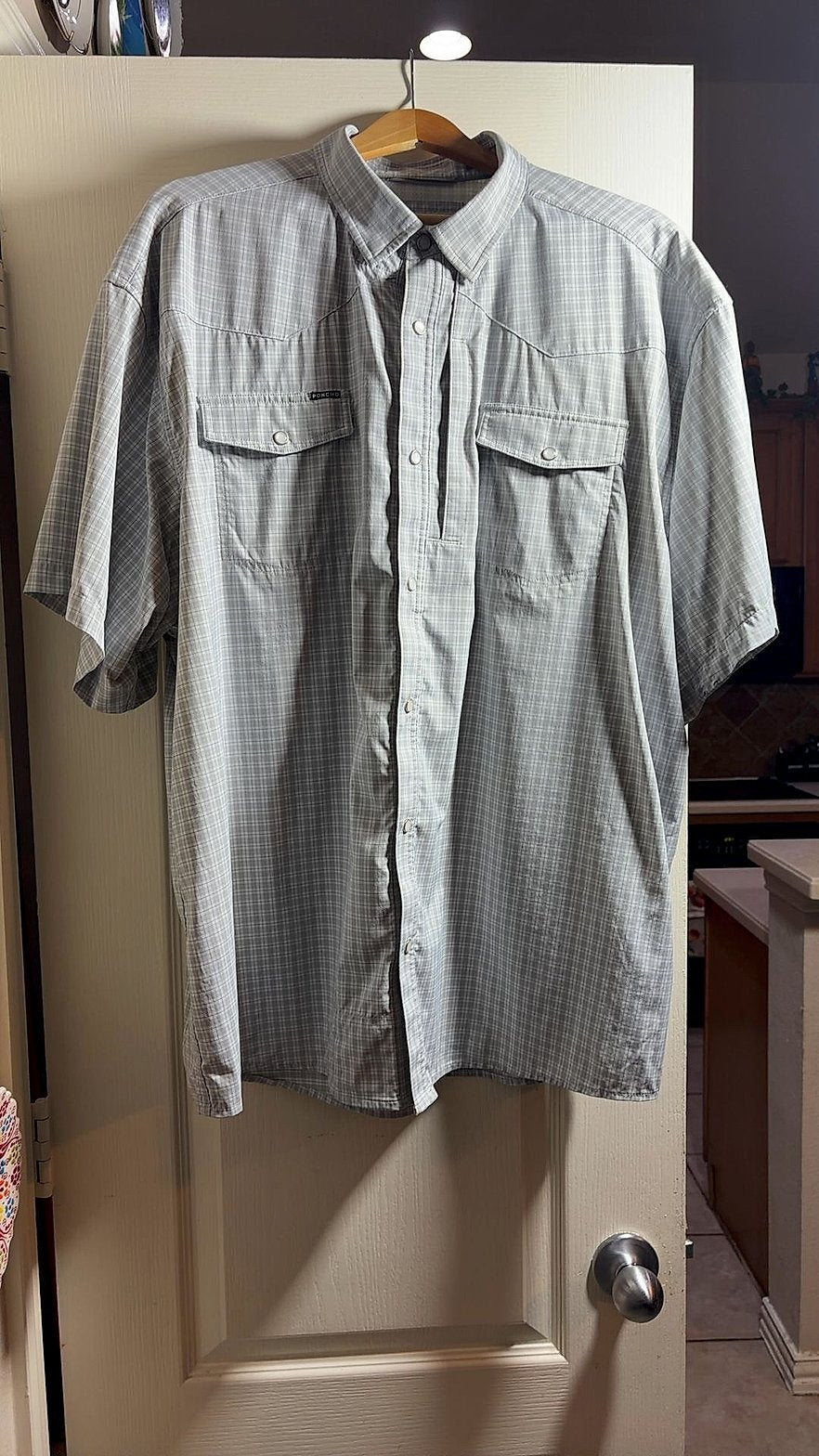 Poncho Men's Short-Sleeve Pearl-Snap Western Shirt, Gray Plaid, XXL