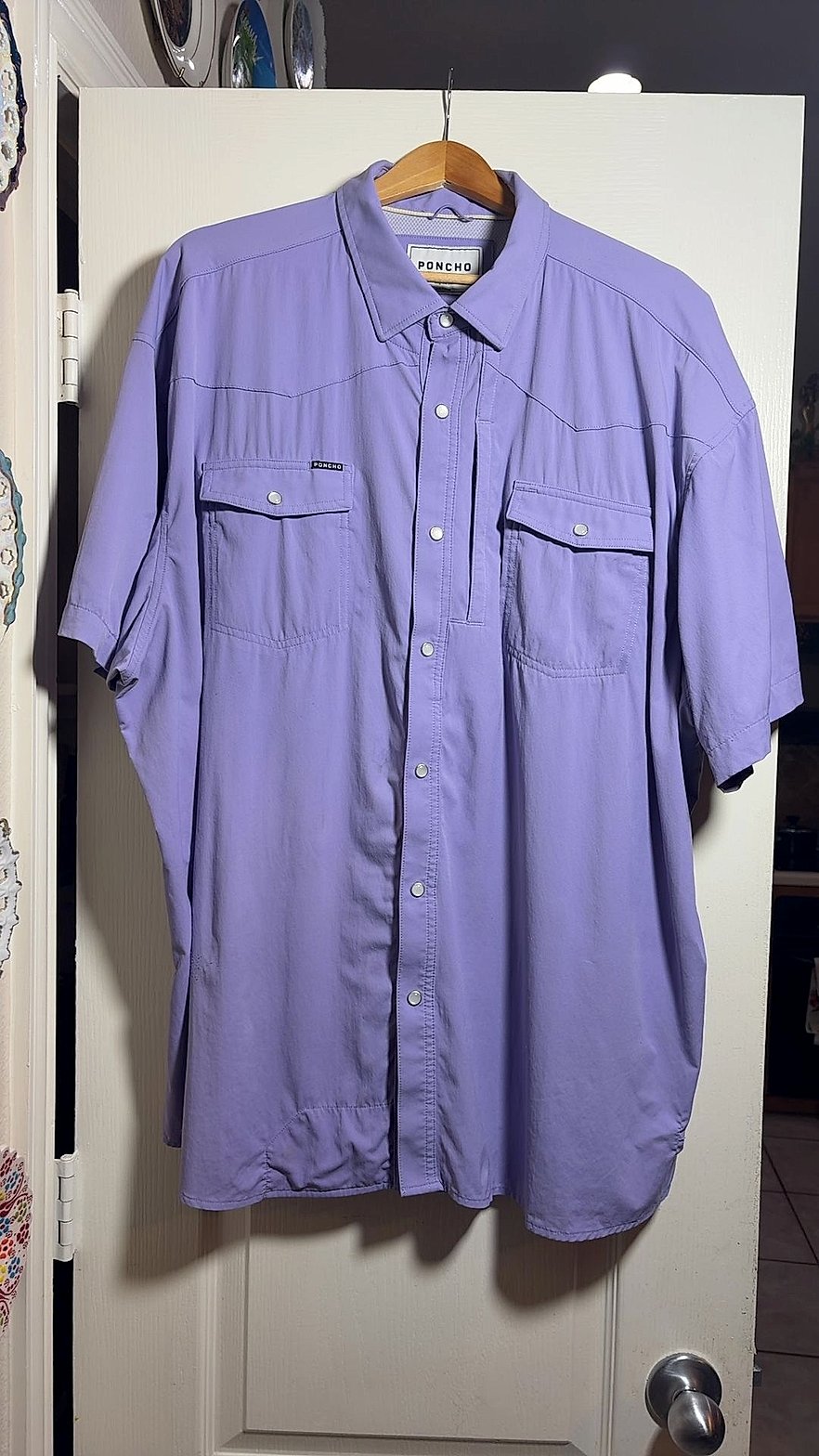 Poncho Men's Short-Sleeve Western Pearl-Snap Performance Fishing Shirt, Lavender, XXL