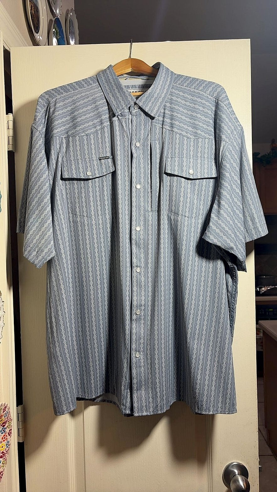 Poncho x Resistol Men's Short-Sleeve Western Snap Shirt, Blue-Gray Aztec Print, Size XXL Regular Fit