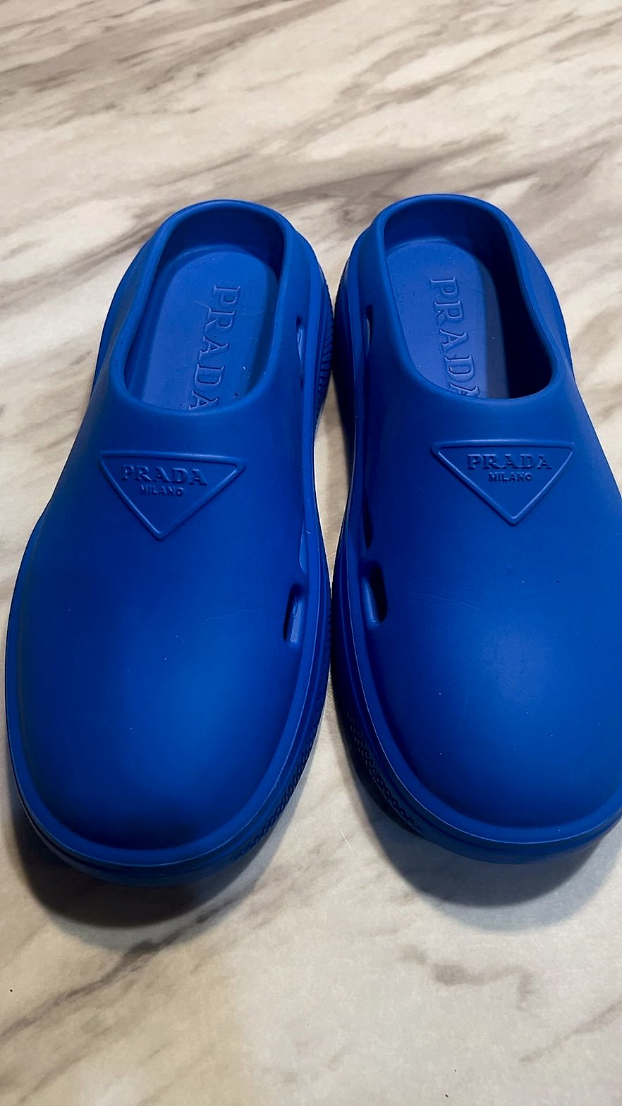 Prada Foam Rubber Mules Cobalt Blue Slip-On Sandals Very Good Condition