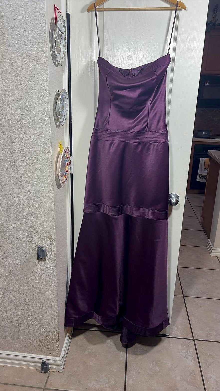 Purple Satin Strapless Trumpet Evening Gown with Pintucked Bands and Covered Buttons