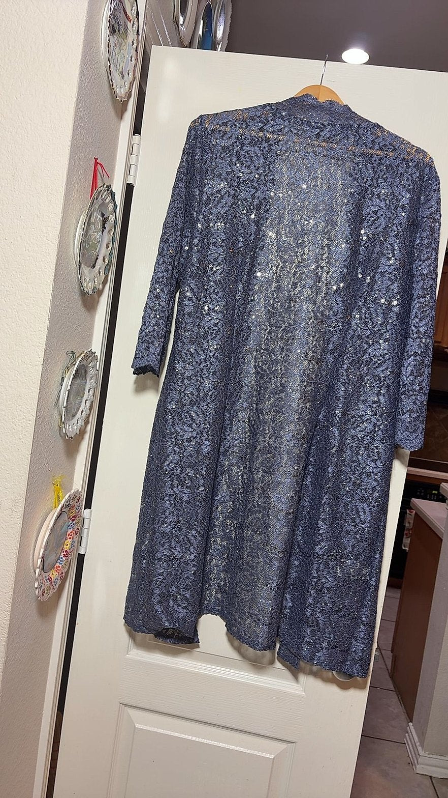 R&M Richards Navy Blue Sequin Lace Open-Front Duster Cardigan, Size 16