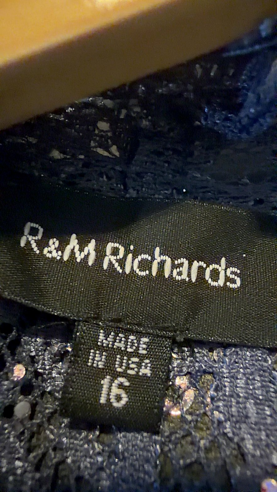 R&M Richards Navy Blue Sequin Lace Open-Front Duster Cardigan, Size 16