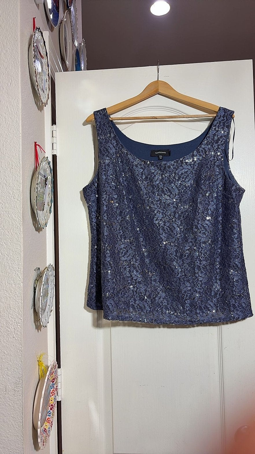 R&M Richards Navy Blue Sequin Lace Sleeveless Shell Top, Size 16