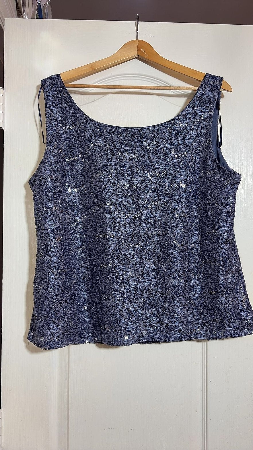 R&M Richards Navy Blue Sequin Lace Sleeveless Shell Top, Size 16