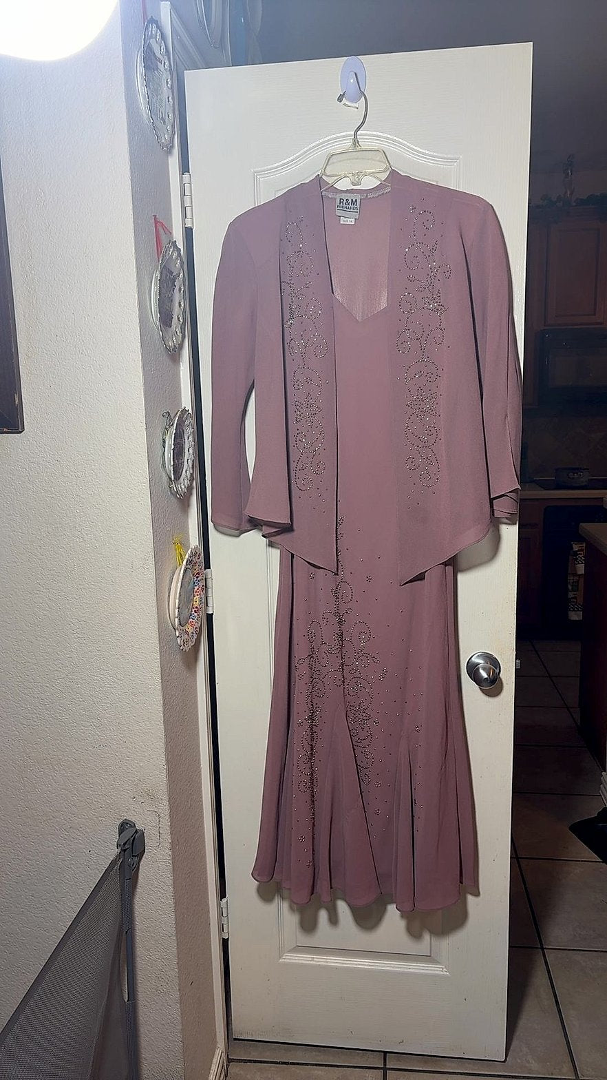 R&M Richards Two-Piece Mauve Chiffon Dress with Matching Jacket, Rhinestone Scroll Embellishment, Size 14