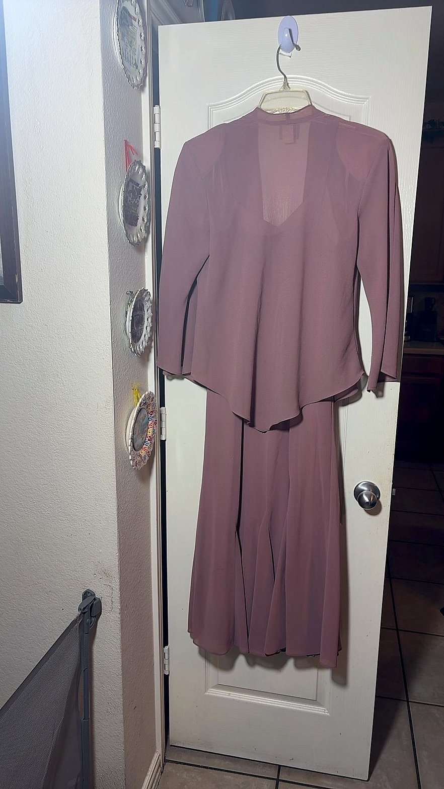 R&M Richards Two-Piece Mauve Chiffon Dress with Matching Jacket, Rhinestone Scroll Embellishment, Size 14