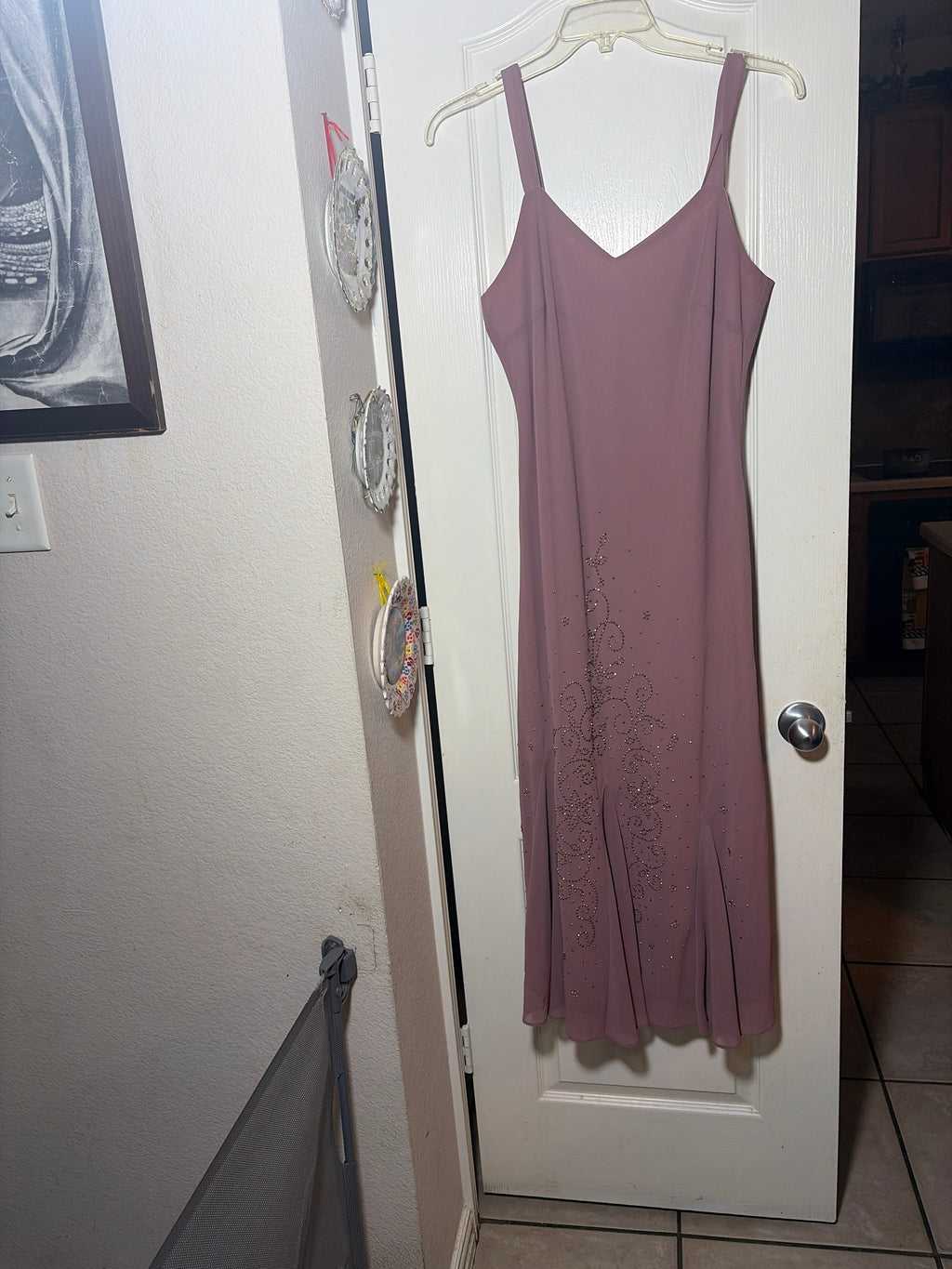 R&M Richards Two-Piece Mauve Chiffon Dress with Matching Jacket, Rhinestone Scroll Embellishment, Size 14