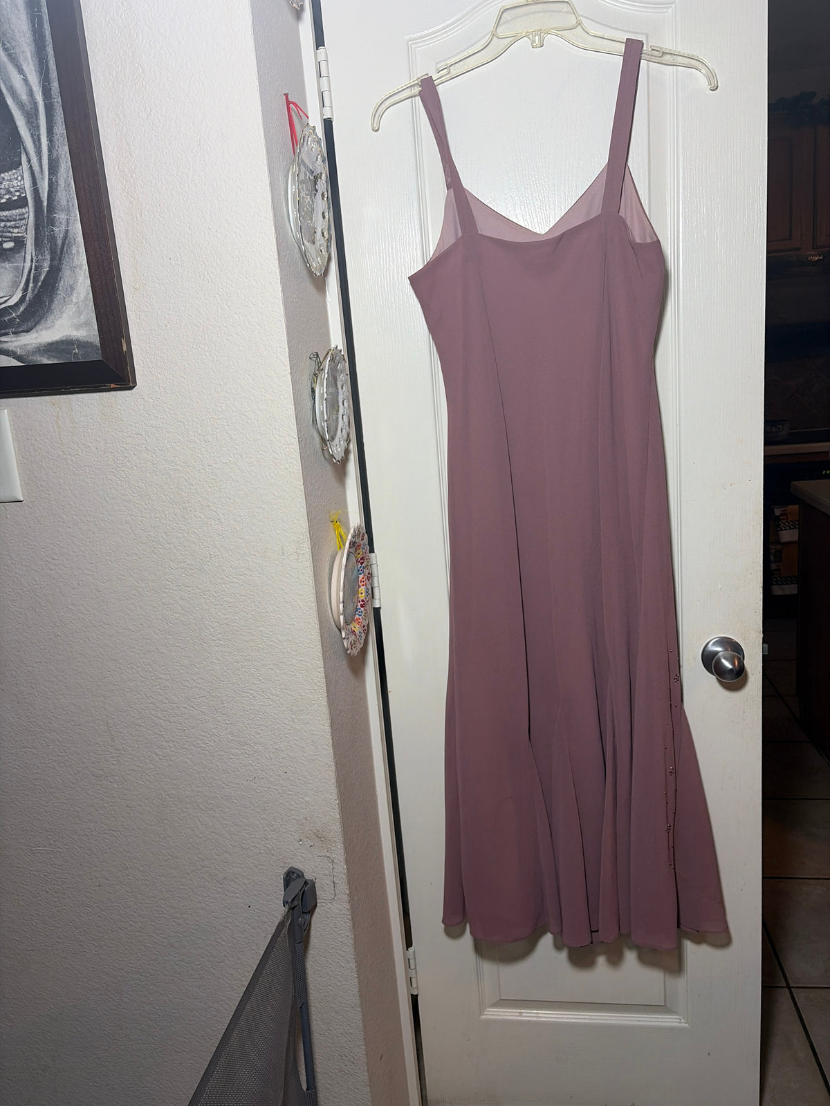 R&M Richards Two-Piece Mauve Chiffon Dress with Matching Jacket, Rhinestone Scroll Embellishment, Size 14