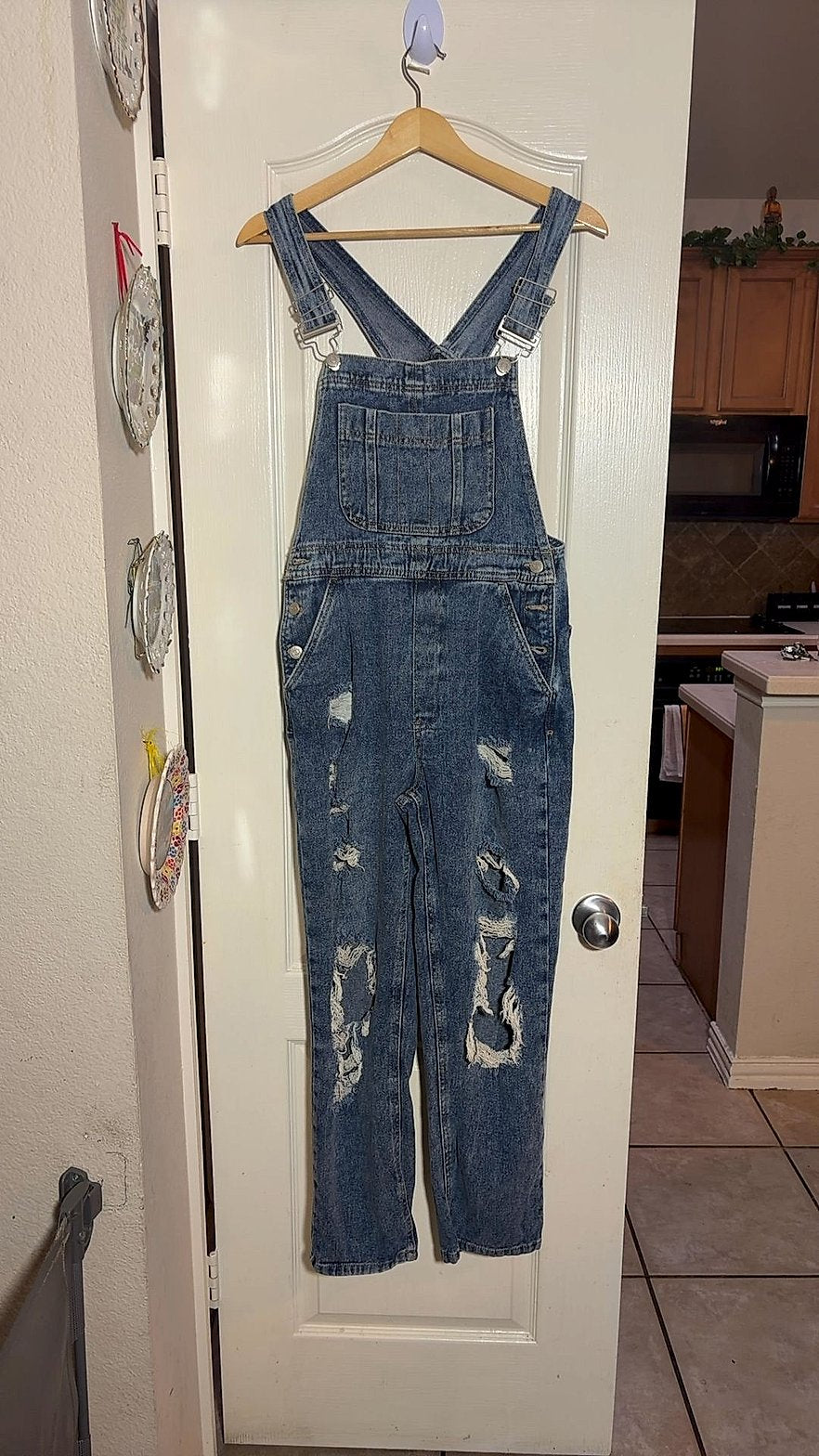 Refuge Denim Women's Distressed Denim Overalls, Medium Acid Wash, Size S