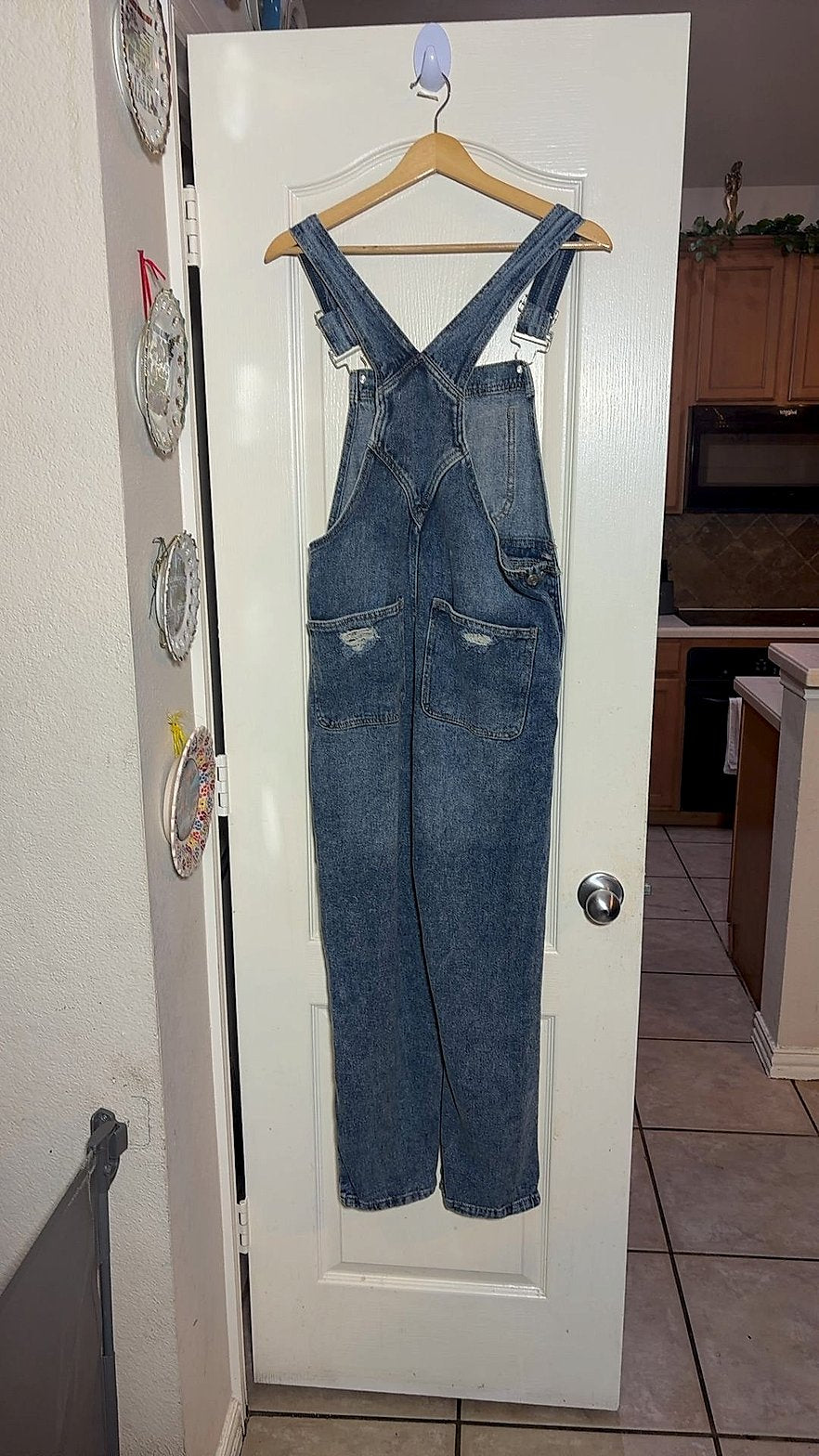 Refuge Denim Women's Distressed Denim Overalls, Medium Acid Wash, Size S