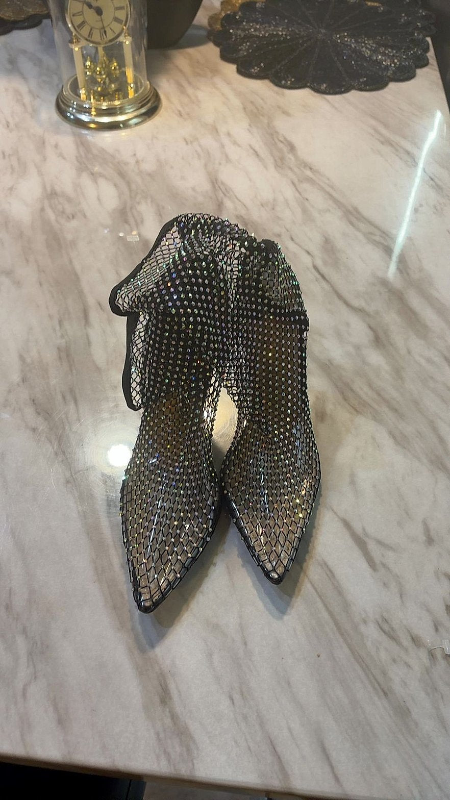 Rhinestone Crystal Mesh Pointed-Toe Stiletto Heels with Ruffle Detail