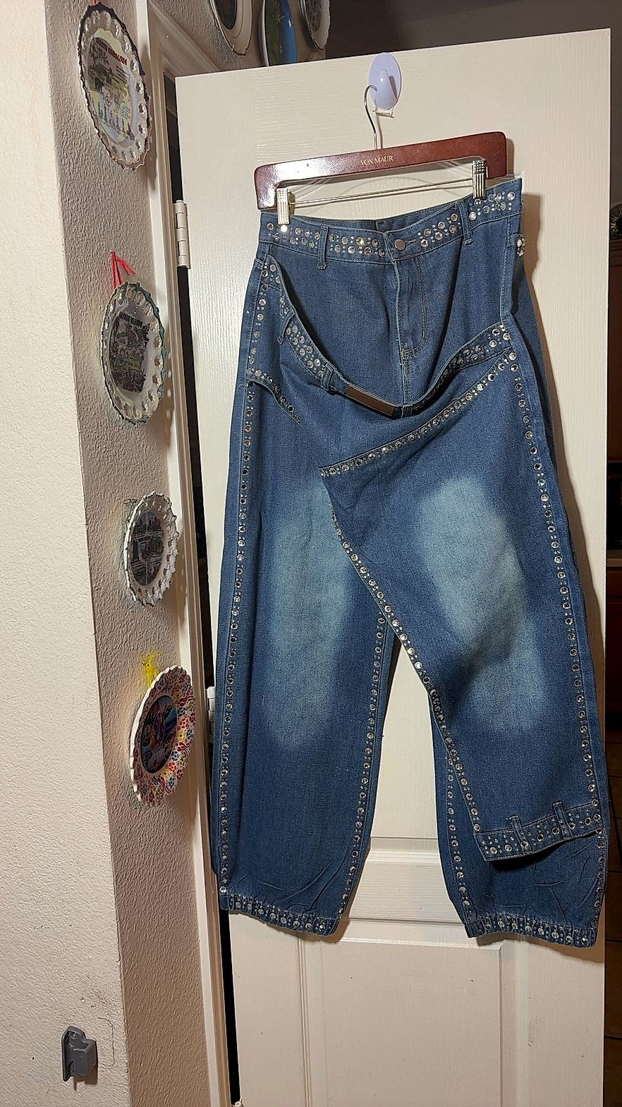 Rhinestone Embellished Asymmetric Layered Wide-Leg Jeans with Overlay Flap and Cuffed Hems, Unbranded