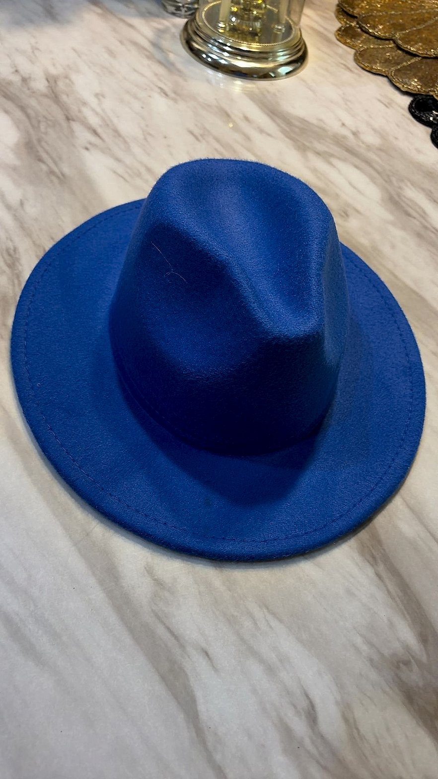 Royal Blue Wide-Brim Felt Fedora Hat, Size 57 (US 7 1/8)