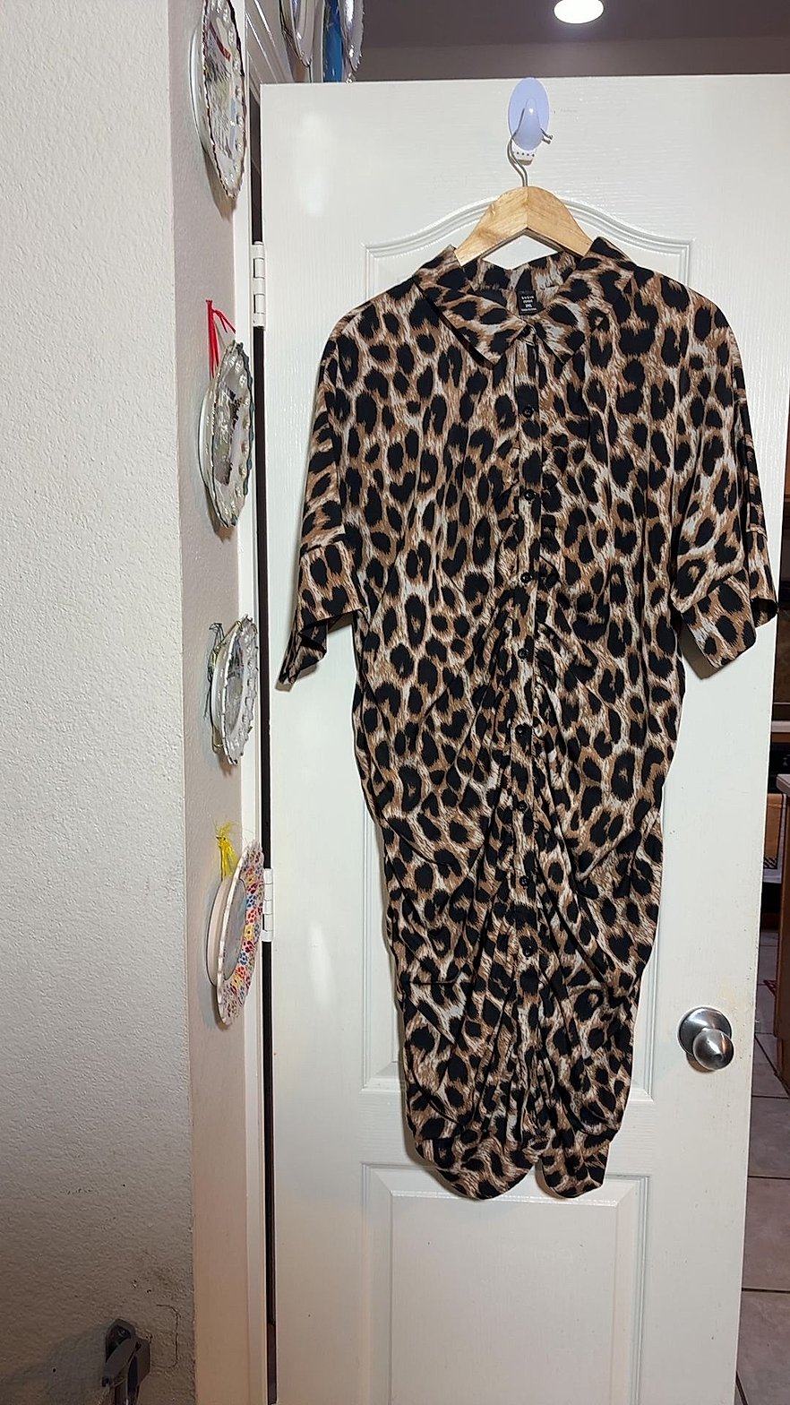 SHEIN Curve Leopard Print Ruched Button-Down Shirt Dress, Size 2XL