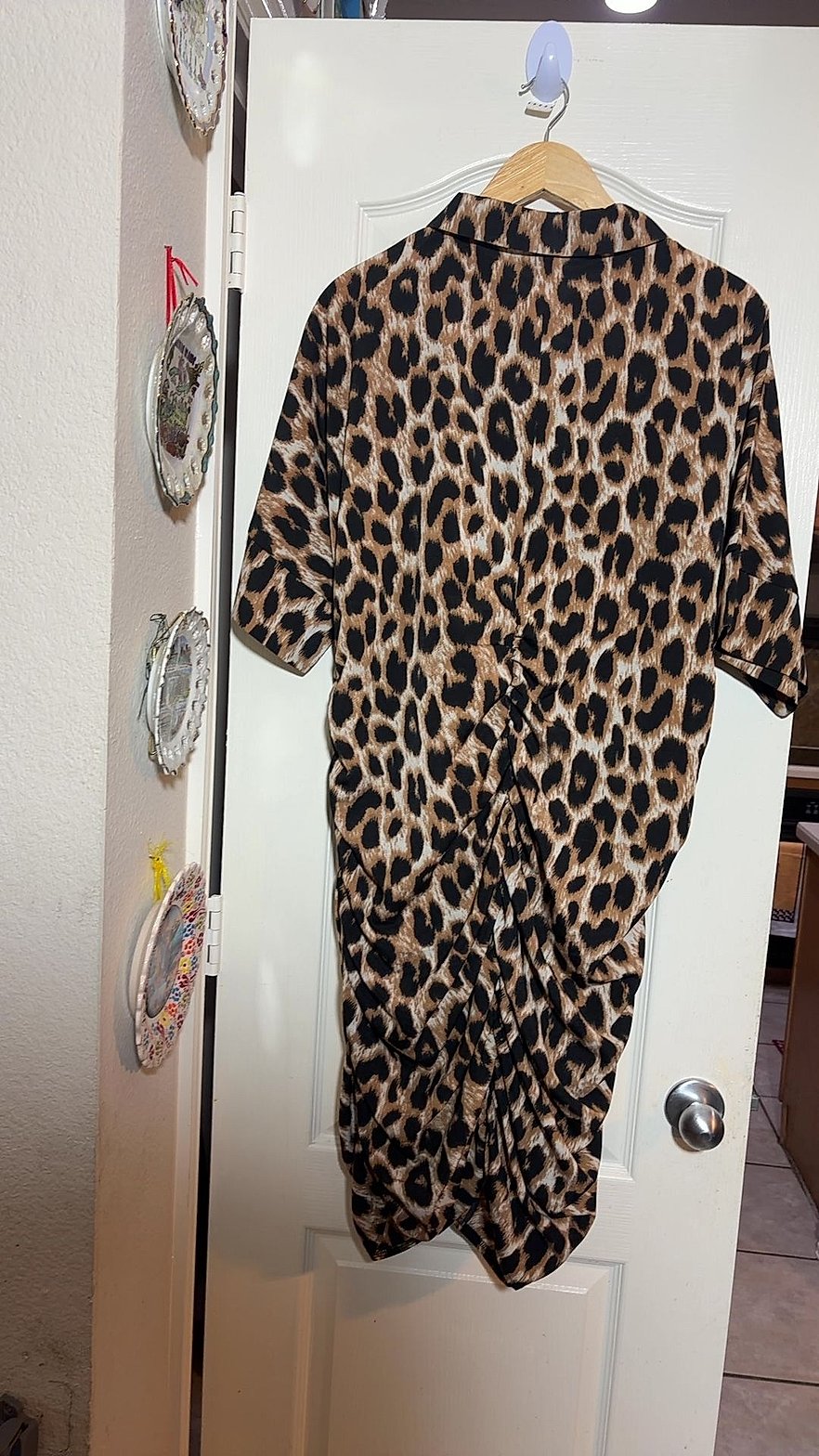 SHEIN Curve Leopard Print Ruched Button-Down Shirt Dress, Size 2XL