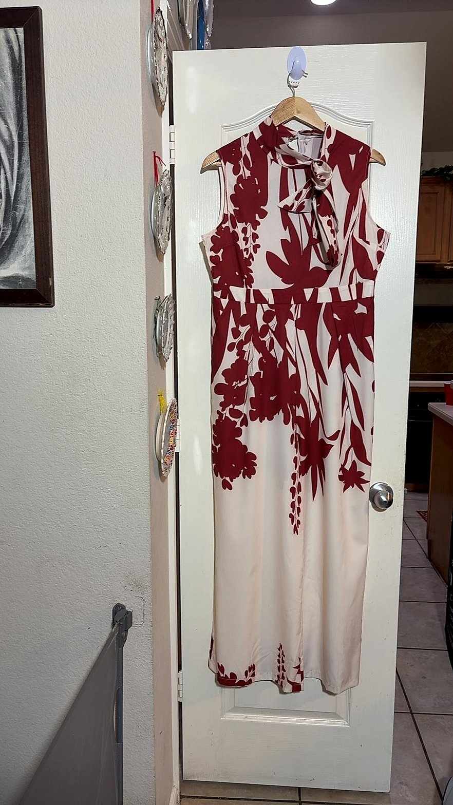 SHEIN Women's Sleeveless Maxi Dress with Red Floral Print and Tie-Neck Detail, Size L