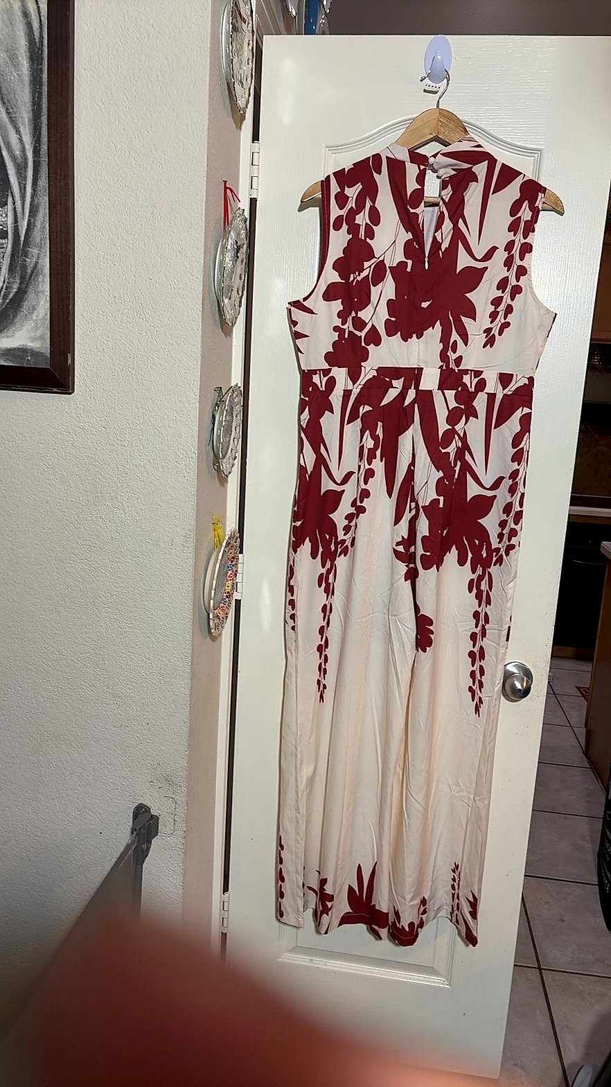 SHEIN Women's Sleeveless Maxi Dress with Red Floral Print and Tie-Neck Detail, Size L