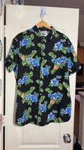 Sara USA Hawaiian Shirt, Black Blue Hibiscus Pineapple Tropical Print, Men's 2XL