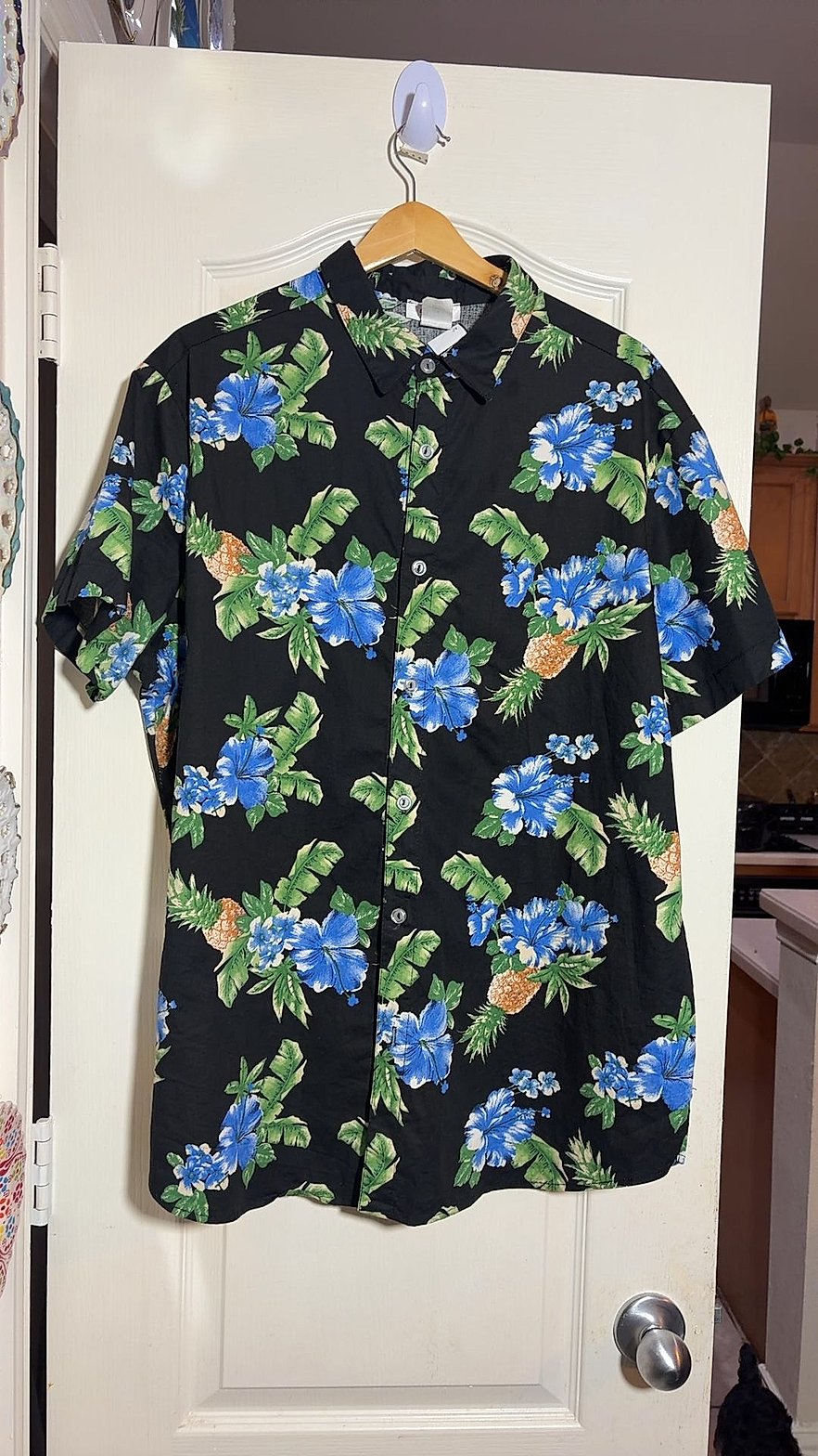 Sara USA Hawaiian Shirt, Black Blue Hibiscus Pineapple Tropical Print, Men's 2XL