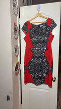 Shelby & Palmer Red Black Lace Print Cap Sleeve Sheath Dress, Size 16