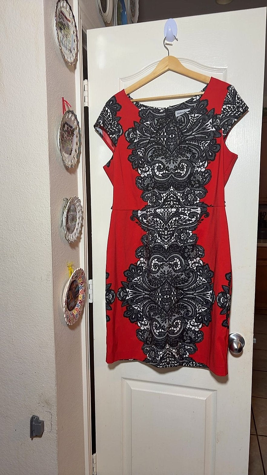 Shelby & Palmer Red Black Lace Print Cap Sleeve Sheath Dress, Size 16