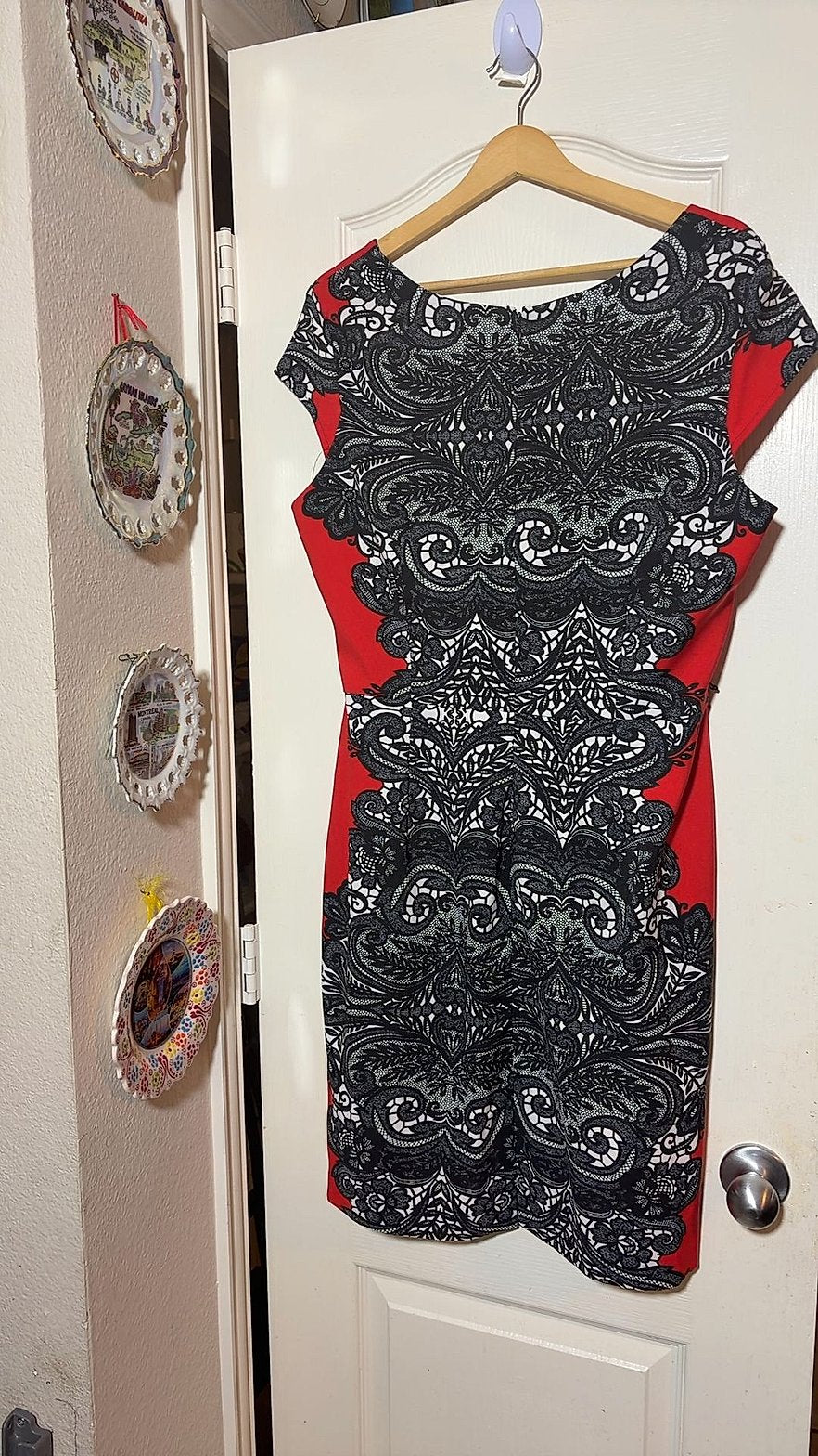 Shelby & Palmer Red Black Lace Print Cap Sleeve Sheath Dress, Size 16