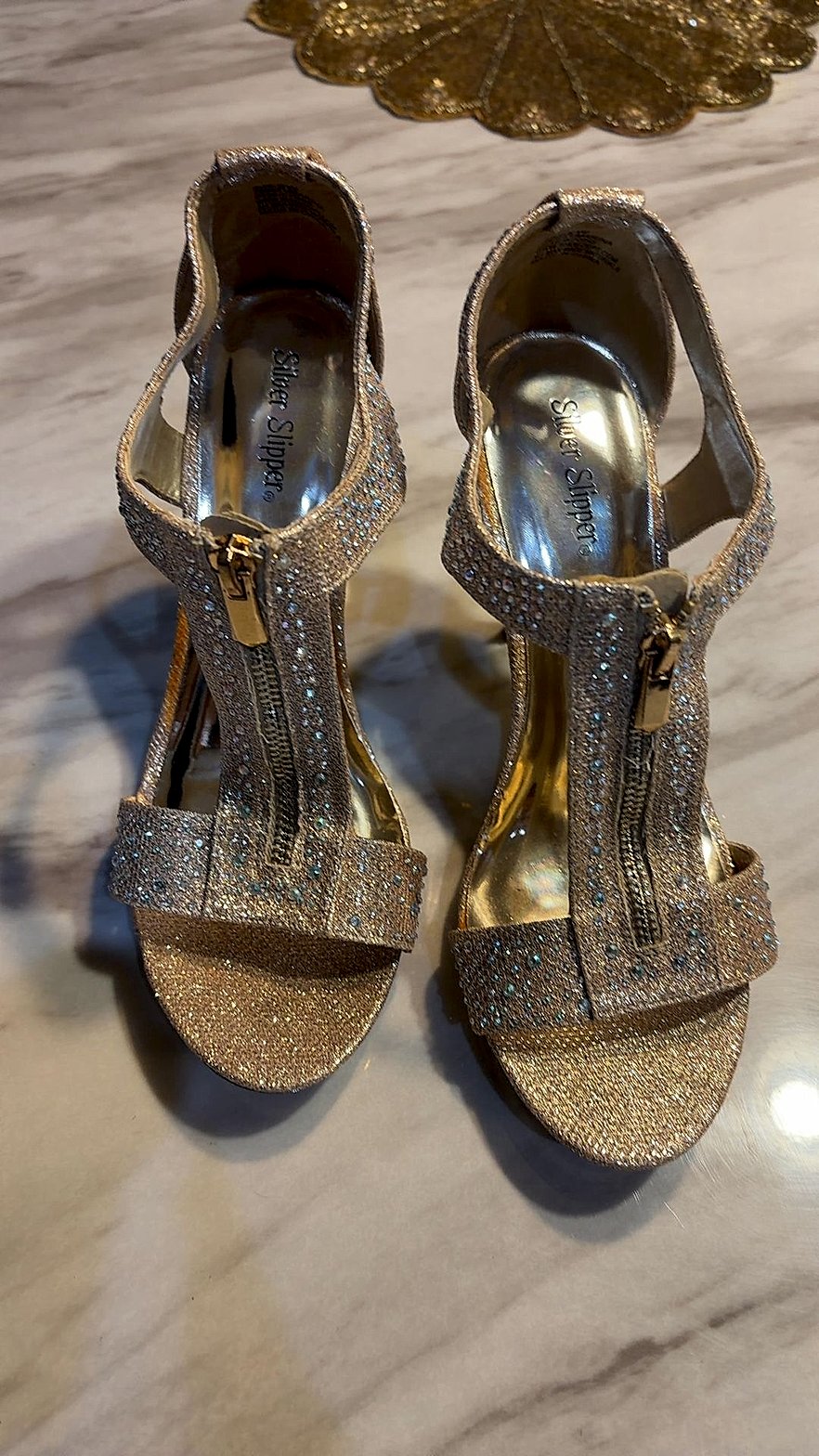 Silver Slipper Gold Glitter Rhinestone T-Strap Heeled Sandals