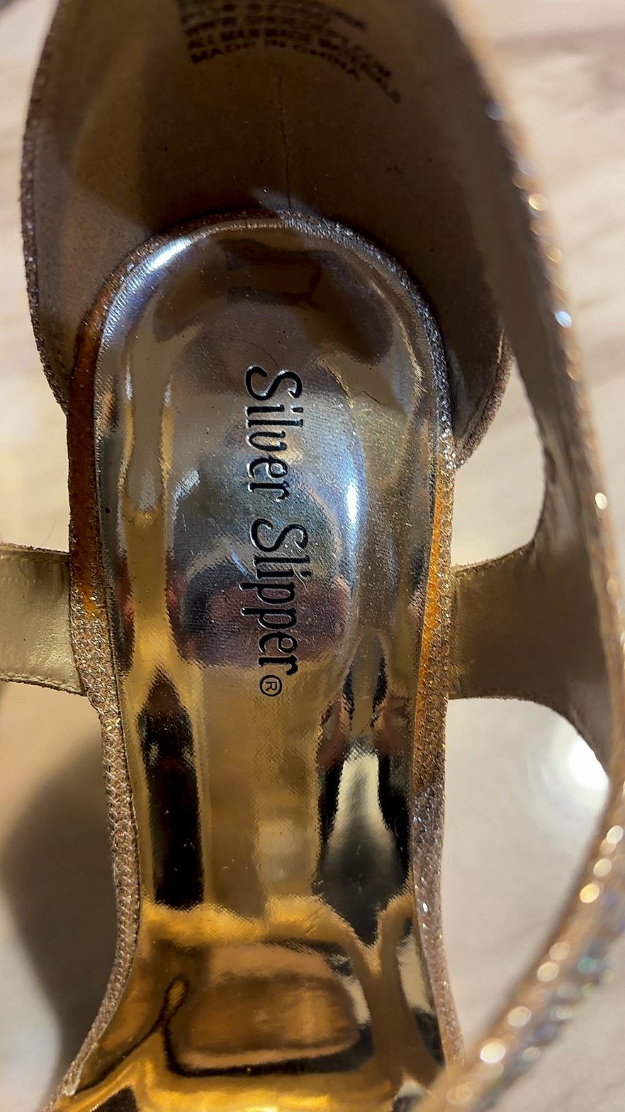 Silver Slipper Gold Glitter Rhinestone T-Strap Heeled Sandals