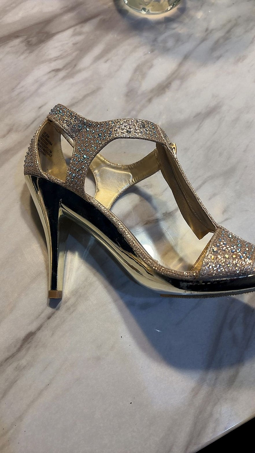 Silver Slipper Gold Glitter Rhinestone T-Strap Heeled Sandals