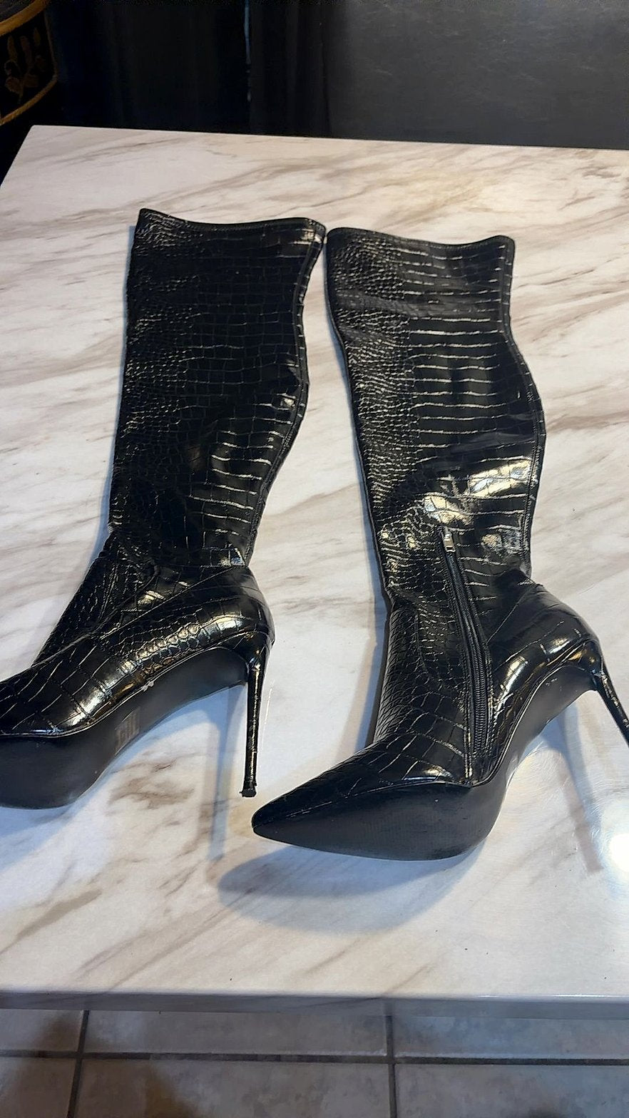 Steve Madden Black Croc Embossed Knee-High Stiletto Boots