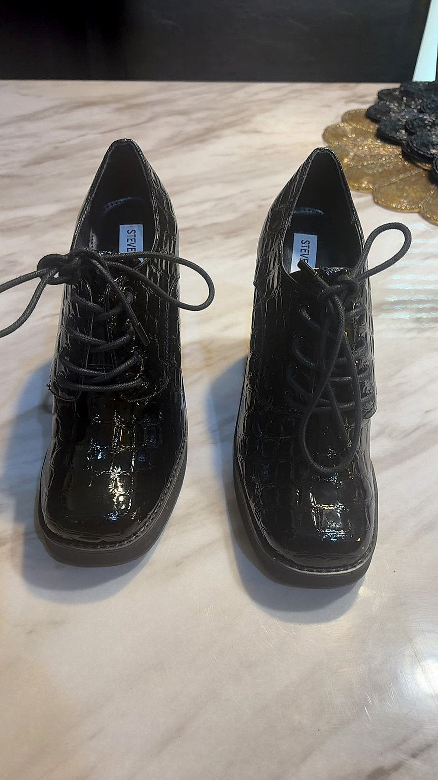 Steve Madden Black Croc-Embossed Patent Lace-Up Block Heel Ankle Booties