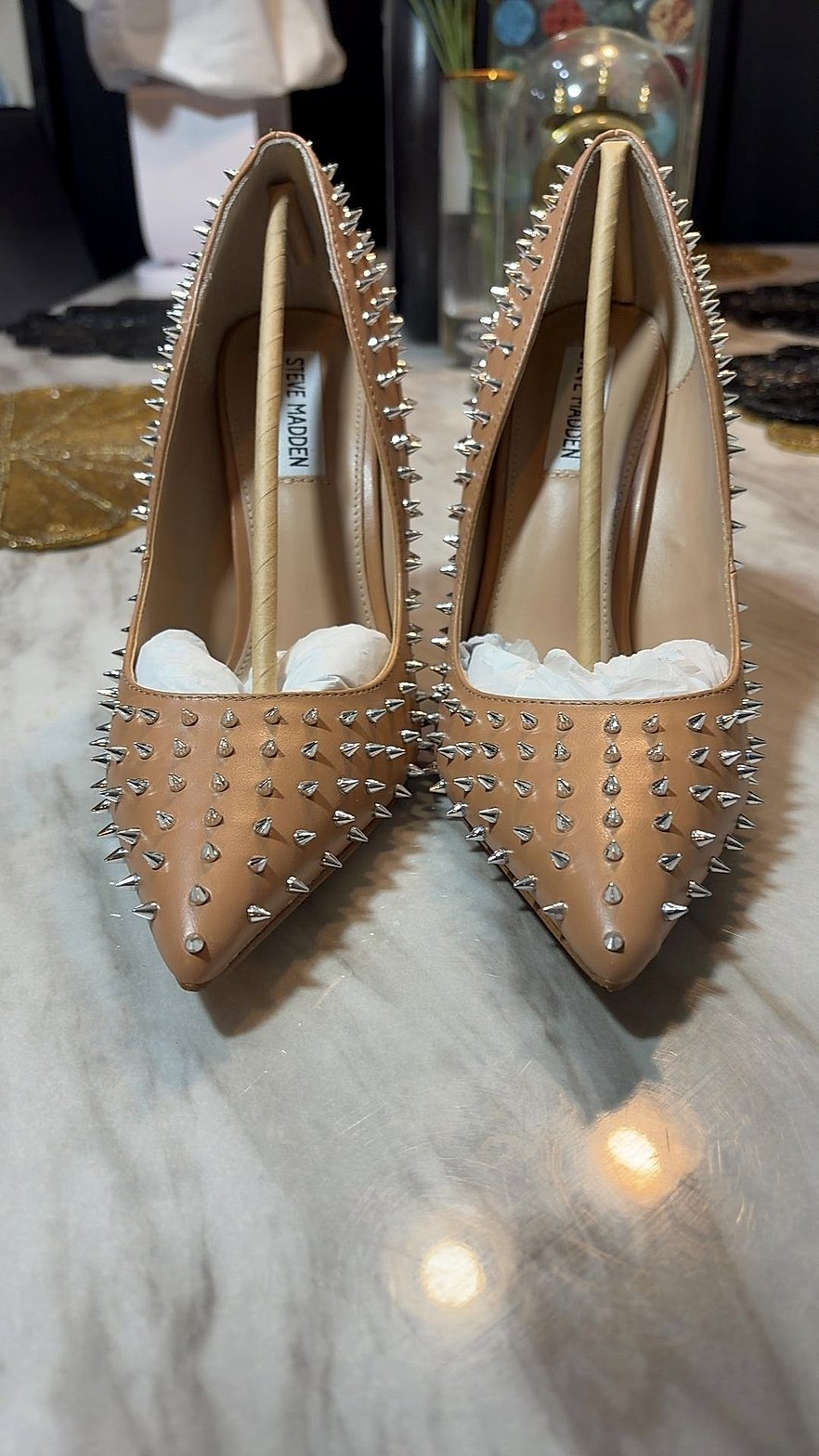 Steve Madden Nude Silver Spike-Stud Pointed-Toe Stiletto Pumps