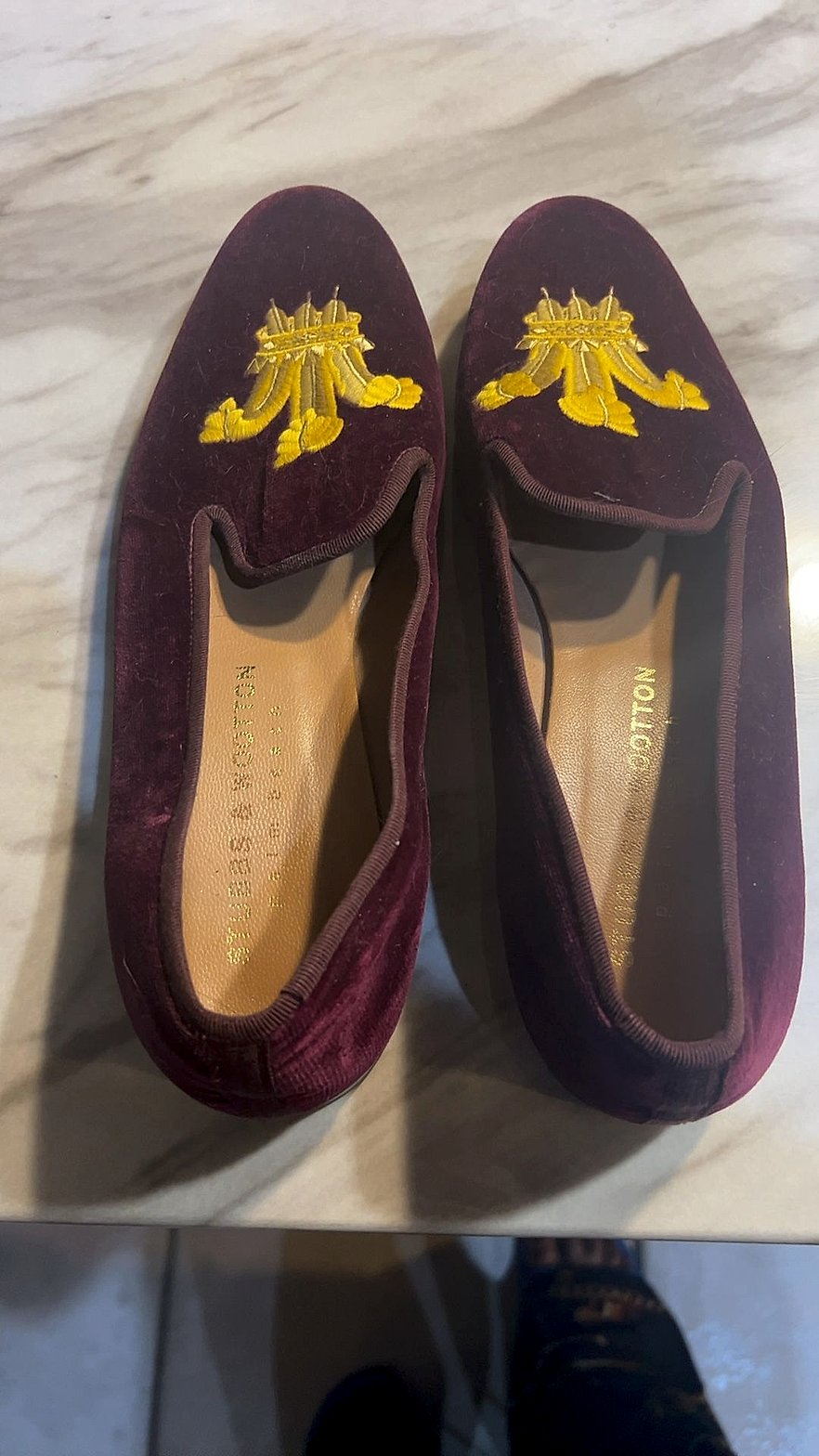 Stubbs & Wootton Burgundy Velvet Slipper with Gold Crown Embroidery