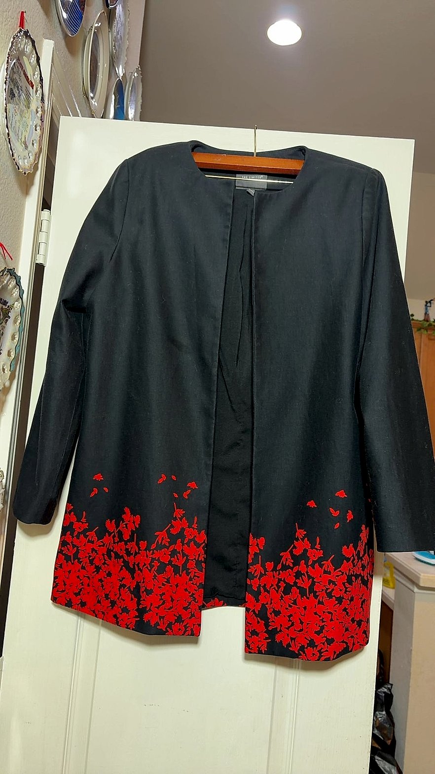 The Limited Women's Black Open-Front Jacket with Red Floral Border Print, Size 12