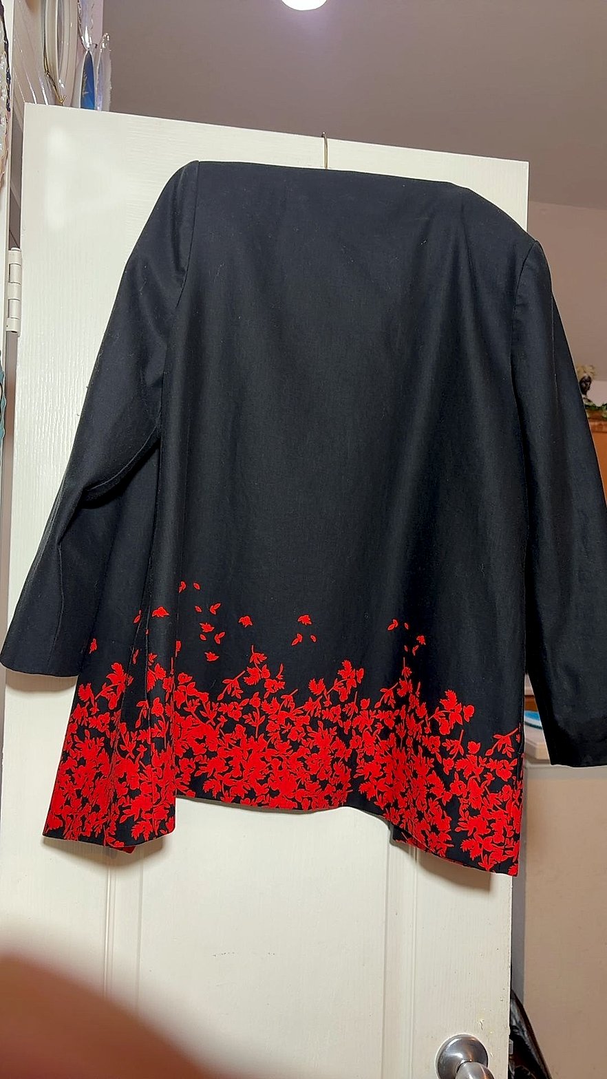 The Limited Women's Black Open-Front Jacket with Red Floral Border Print, Size 12