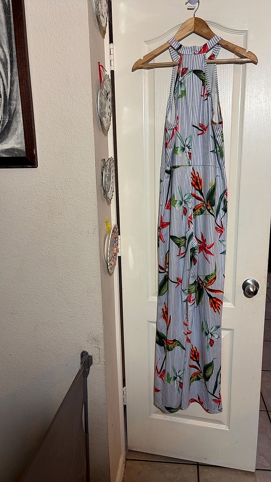 Tropical Floral Striped High-Neck Maxi Dress