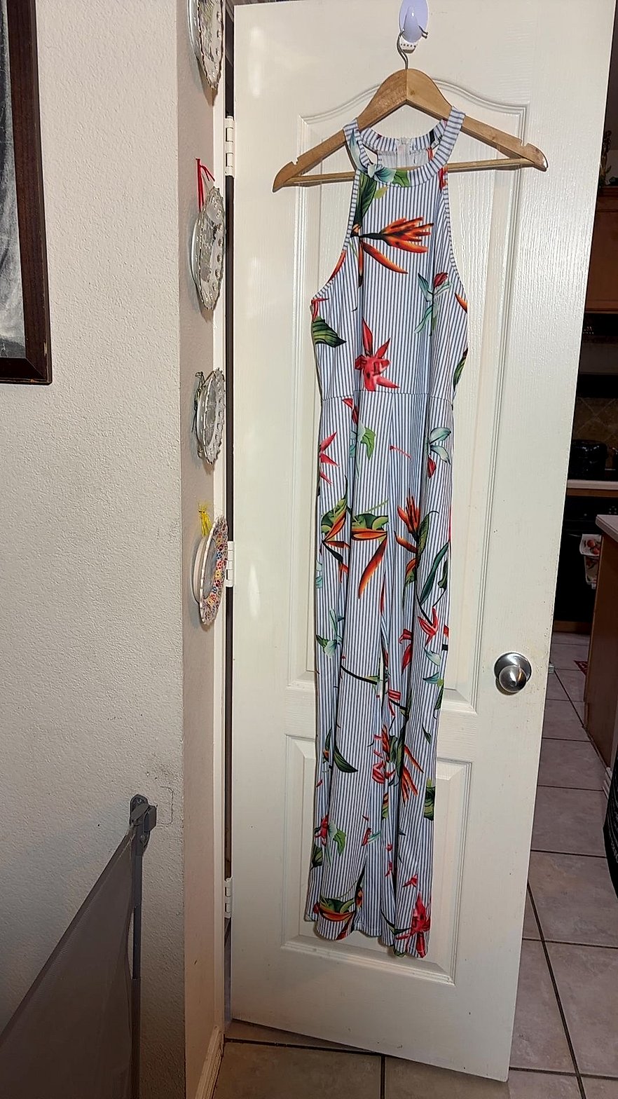 Tropical Floral Striped High-Neck Maxi Dress