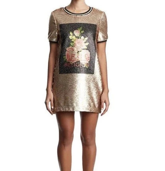 True Religion Gold Sequin T-Shirt Dress with Floral Rose Graphic