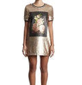 True Religion Gold Sequin T-Shirt Dress with Floral Rose Graphic