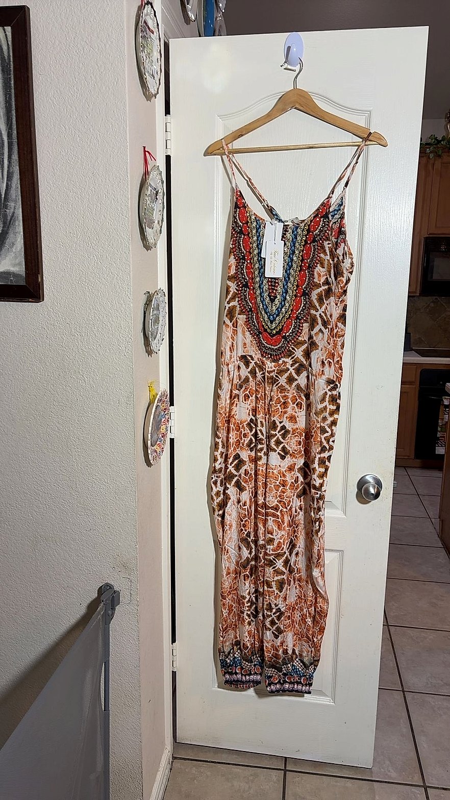 True Colours by La Moda Clothing Embellished Animal Print Maxi Jumsuit, Size L/XL