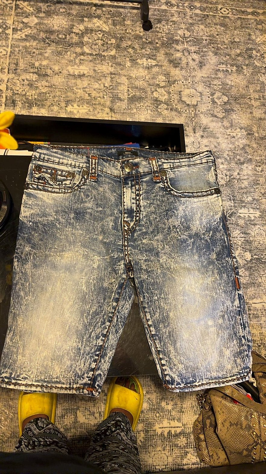 True Religion Rocco Flap Super T Acid Wash Denim Shorts Very Good