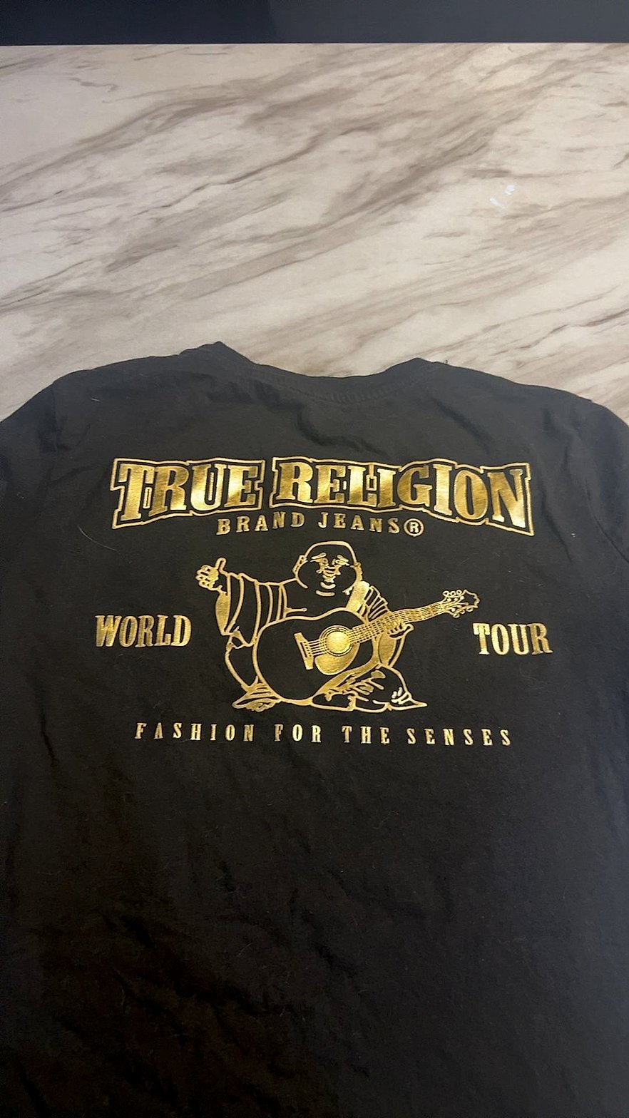 True Religion Buddha World Tour Logo T-Shirt Black Gold Foil Size L