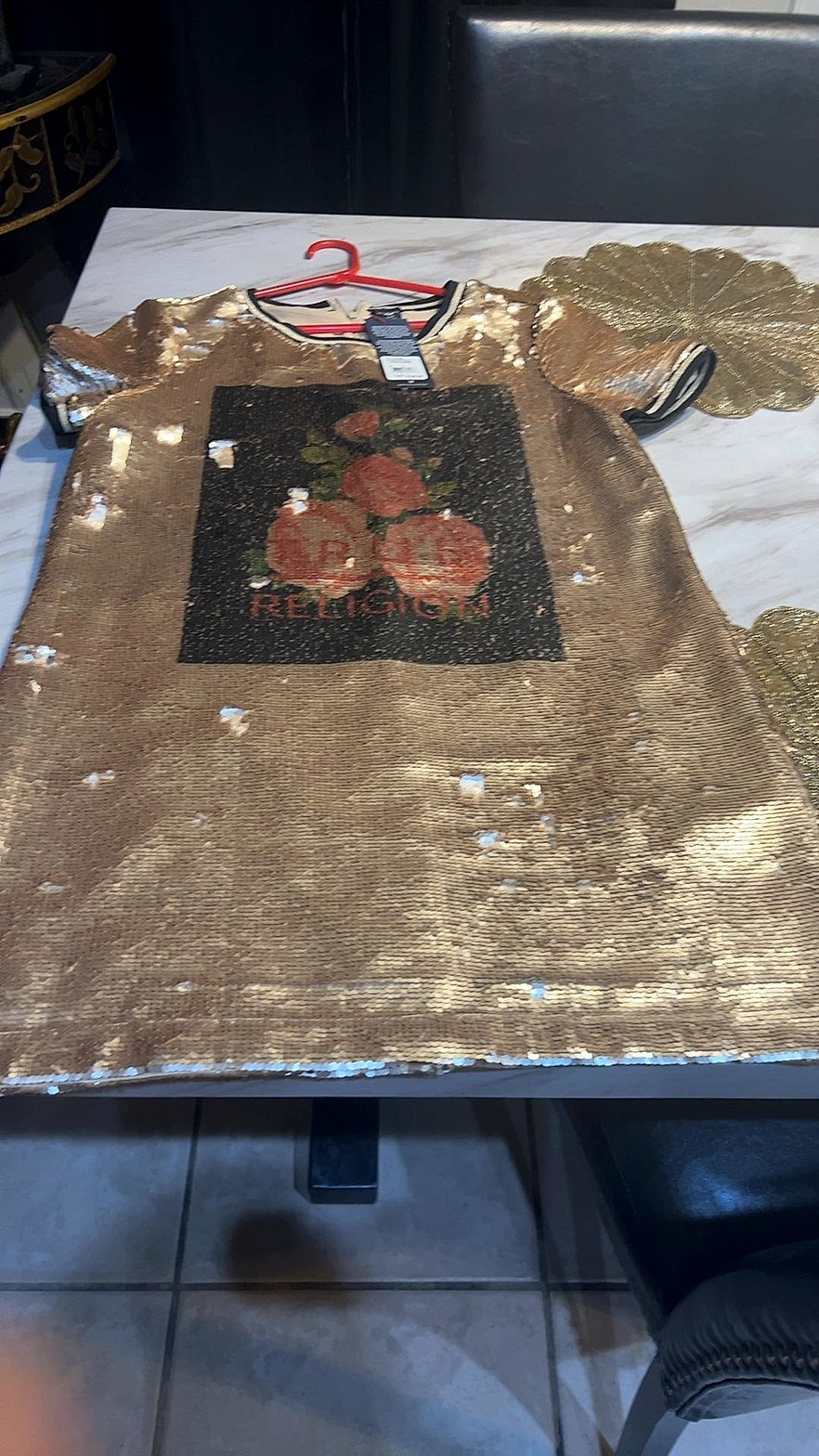 True Religion Gold Sequin T-Shirt Dress with Floral Rose Graphic