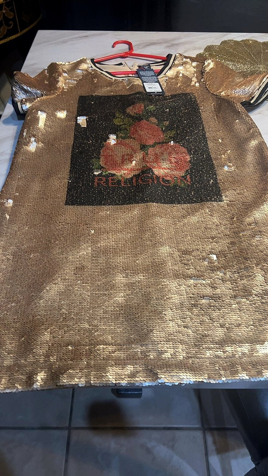 True Religion Gold Sequin T-Shirt Dress with Floral Rose Graphic