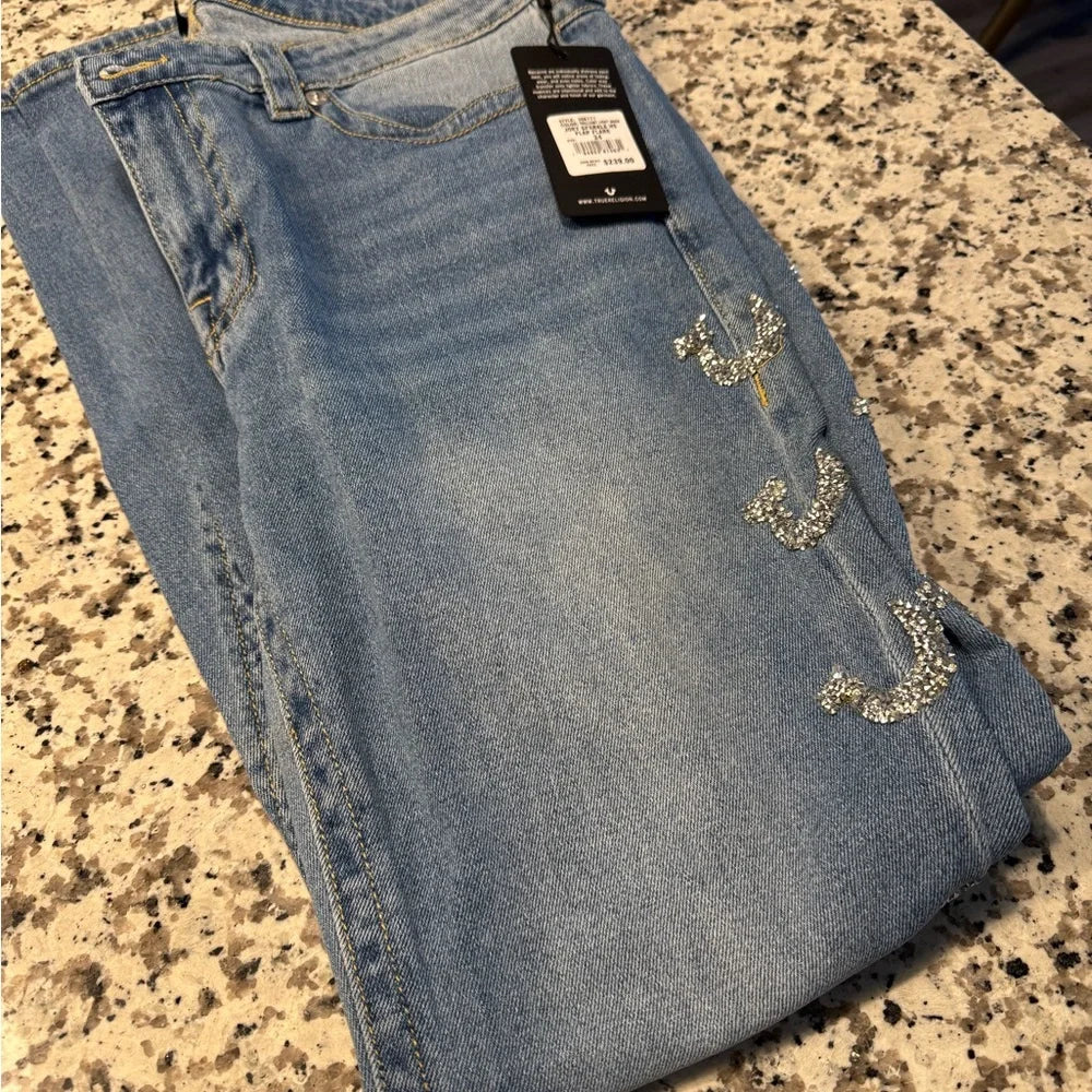 True Religion Joey Sparkle Flap Flare Jeans Brilliant Light Wash Size 33