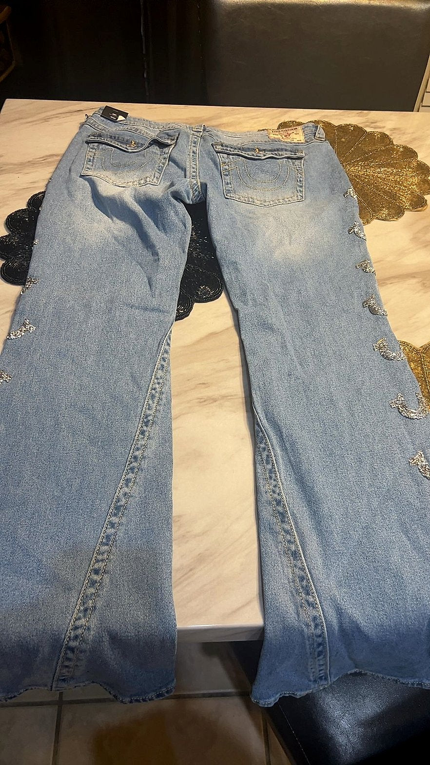 True Religion Joey Sparkle Flap Flare Jeans Brilliant Light Wash Size 33