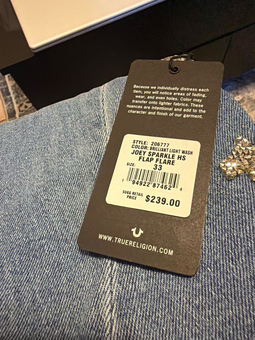 True Religion Joey Sparkle Flap Flare Jeans Brilliant Light Wash Size 33
