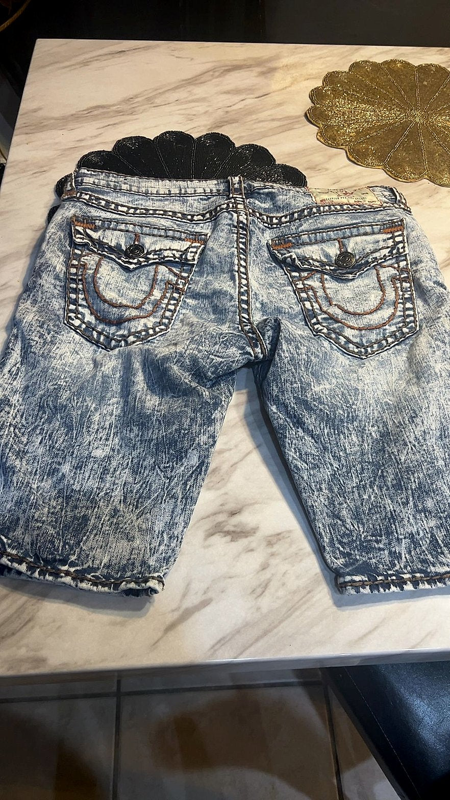 True Religion Rocco Flap Super T Acid Wash Denim Shorts Very Good