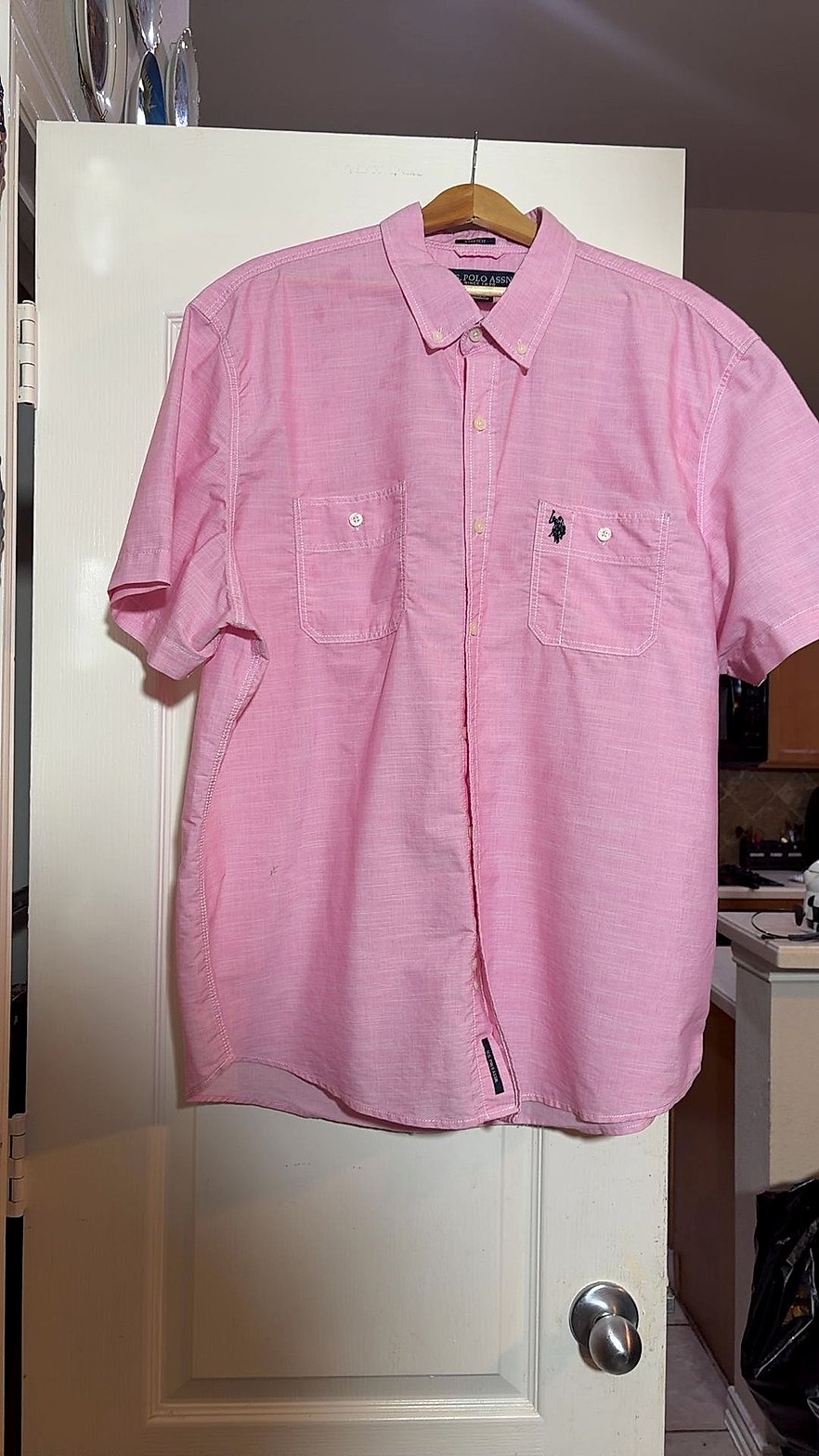 U.S. Polo Assn. Men's Short-Sleeve Button-Down Shirt, Pink Chambray, Size XL